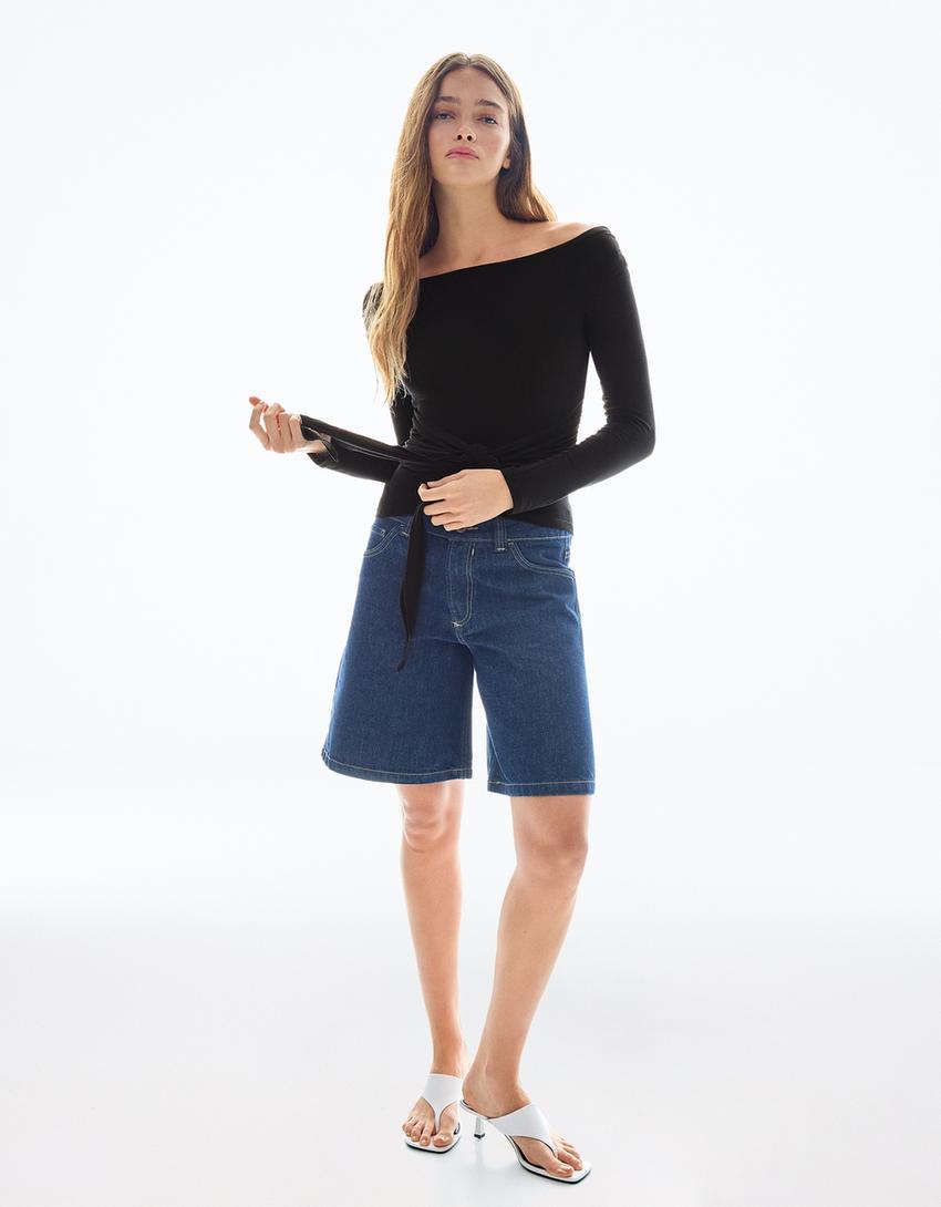 Long sleeve asymmetric tied T-shirt-Black