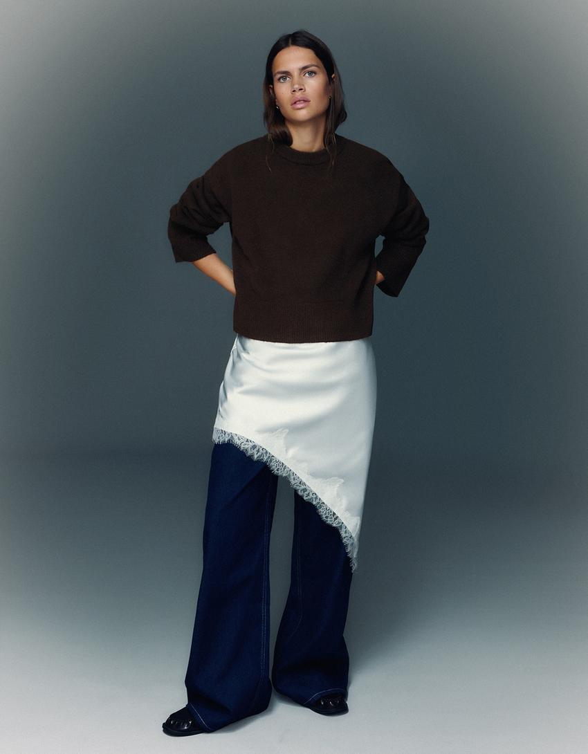 Oversize sweater with ribbed hem-Brown