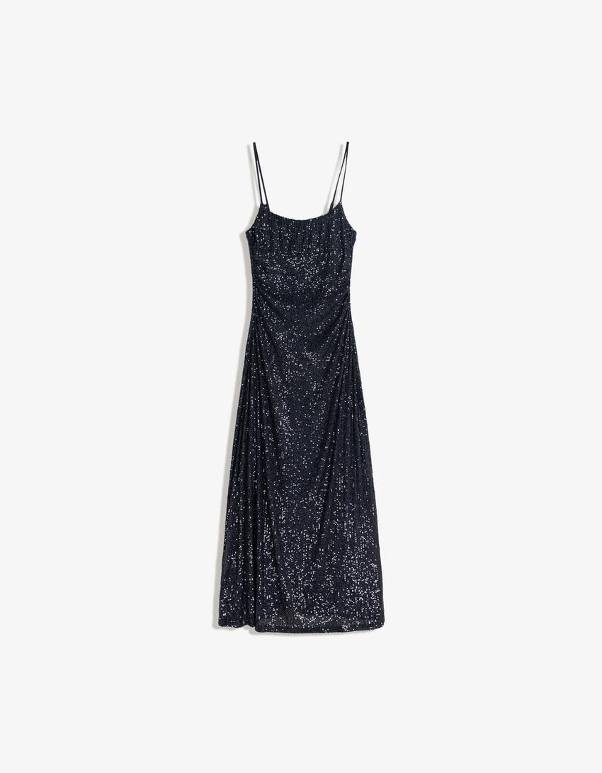 Sequinned midi dress with straps-Dark blue