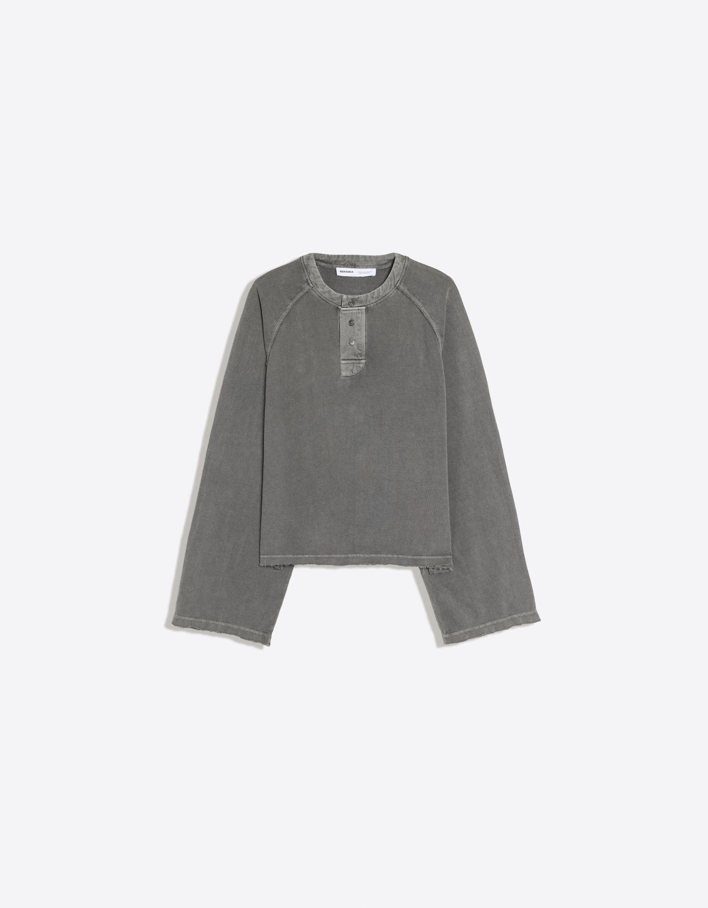 Long sleeve henley print T-shirt — Dark grey