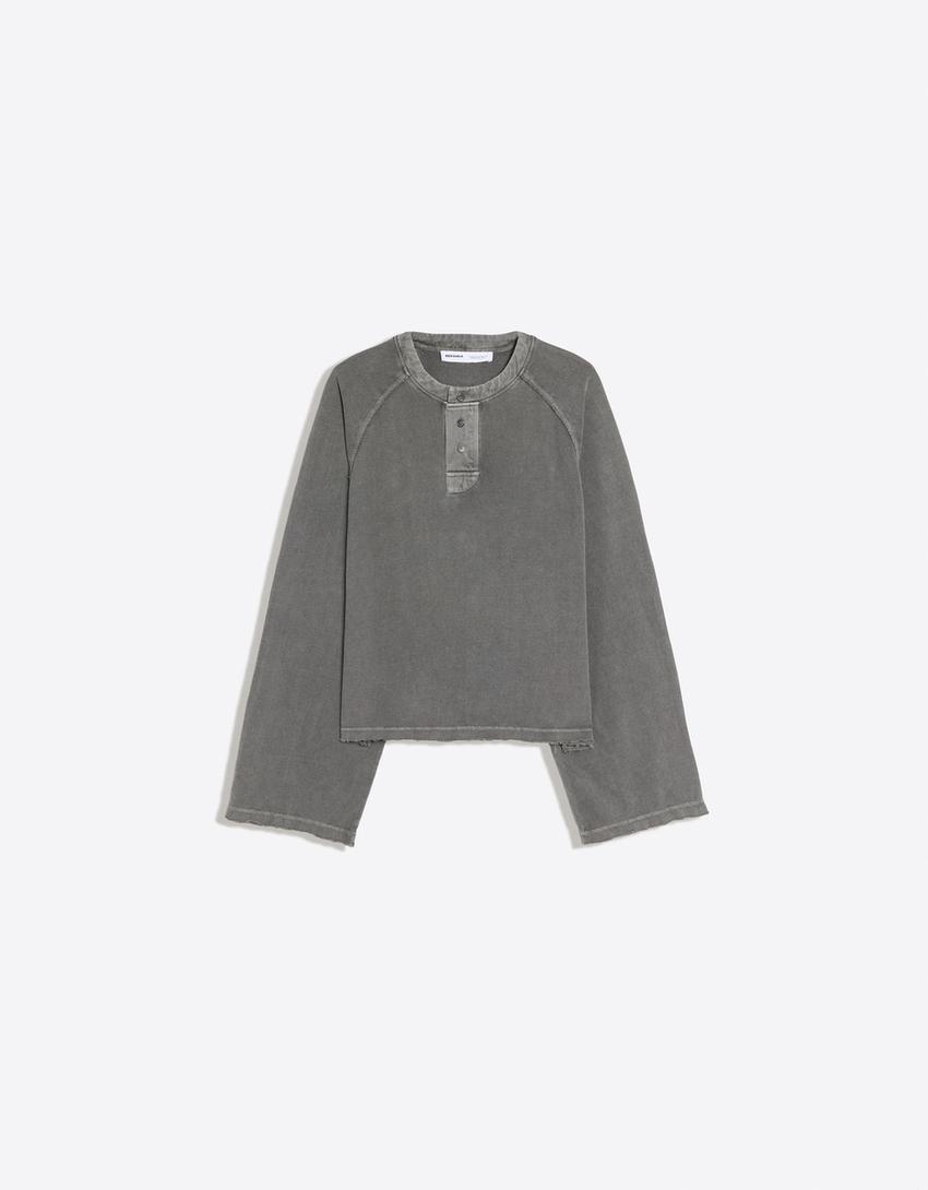 Langarmshirt mit Print und Rundausschnitt mit Knopfleiste-Dunkelgrau