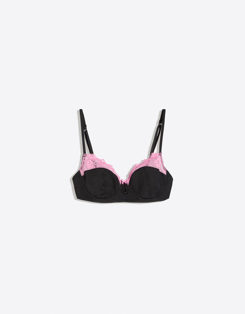 Bra with underwire and contrast lace-Black