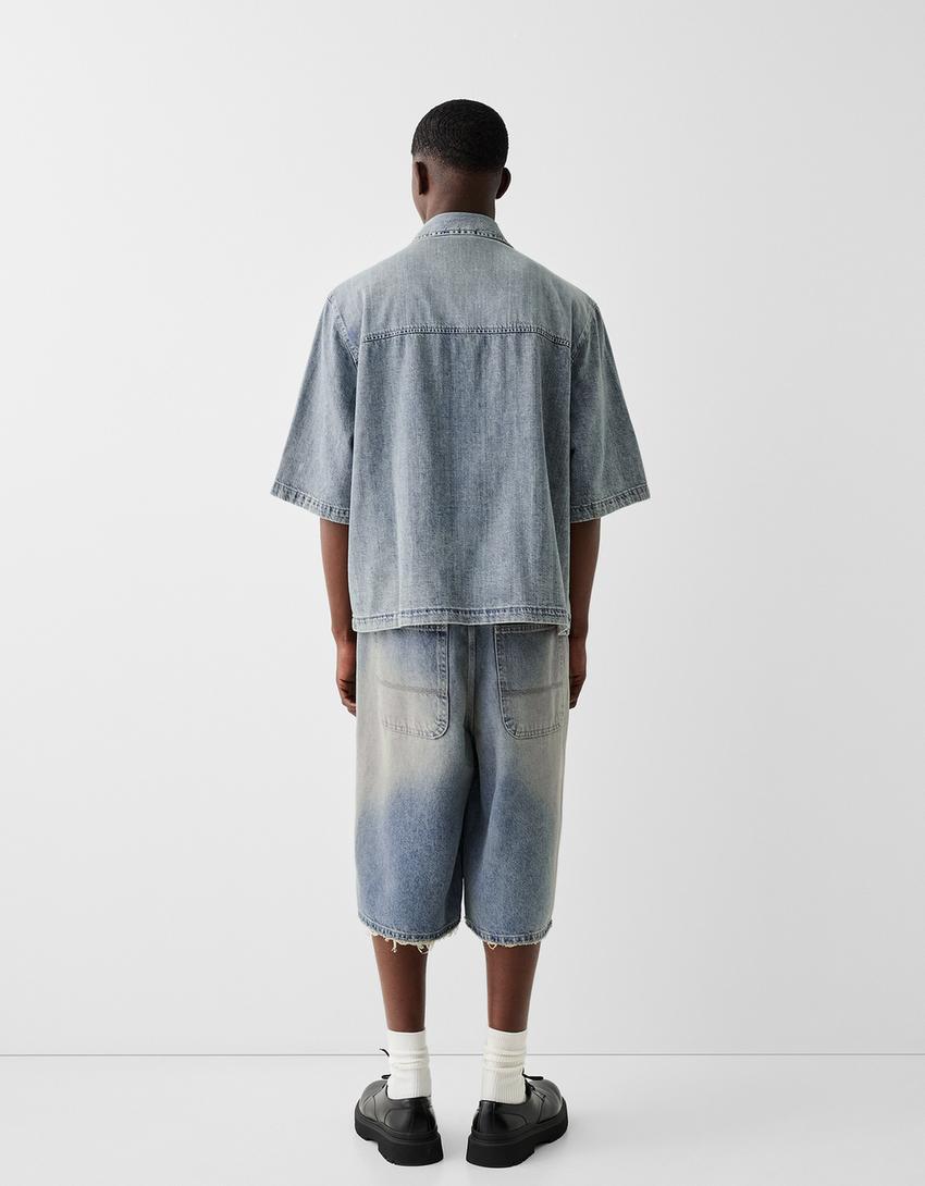 Camisa denim manga curta cropped-Azul lavado-1