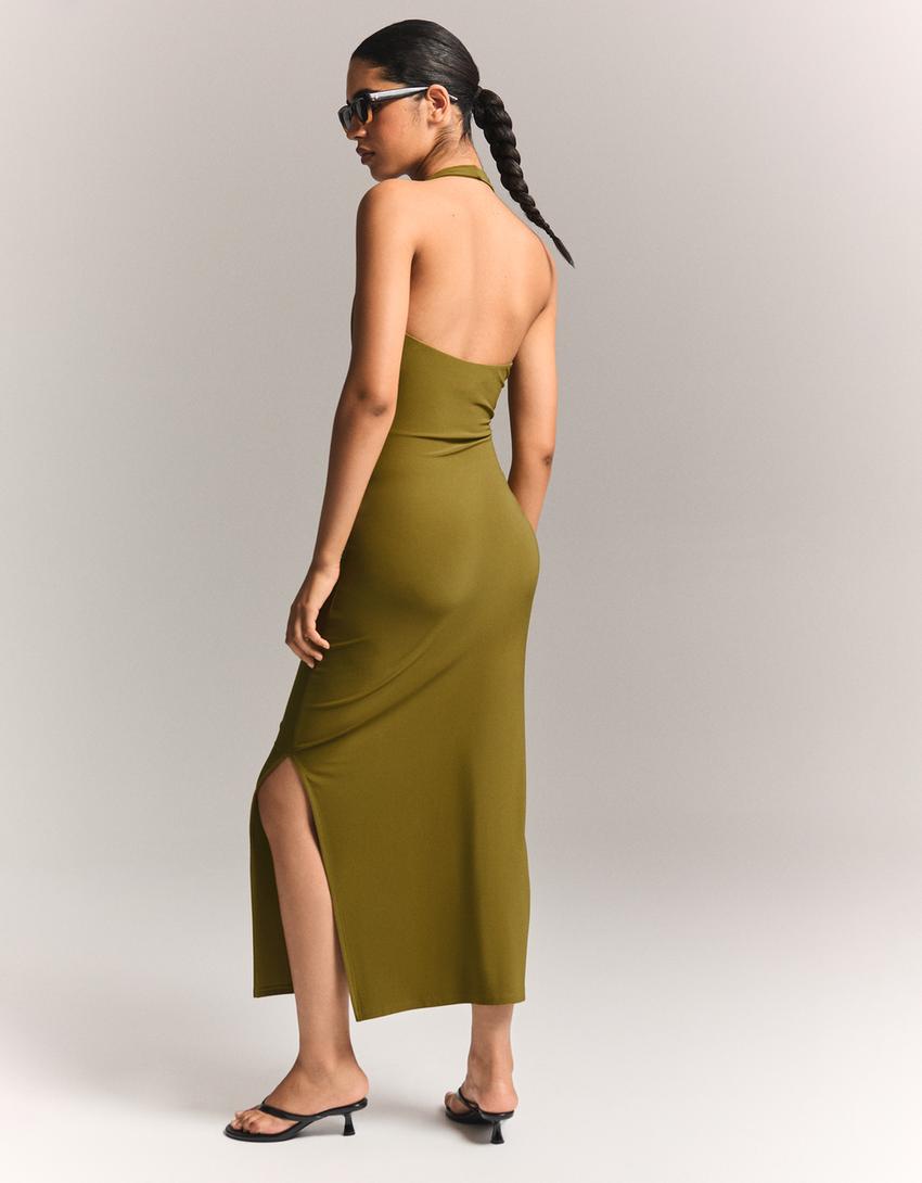 Robe midi encolure américaine-Kaki