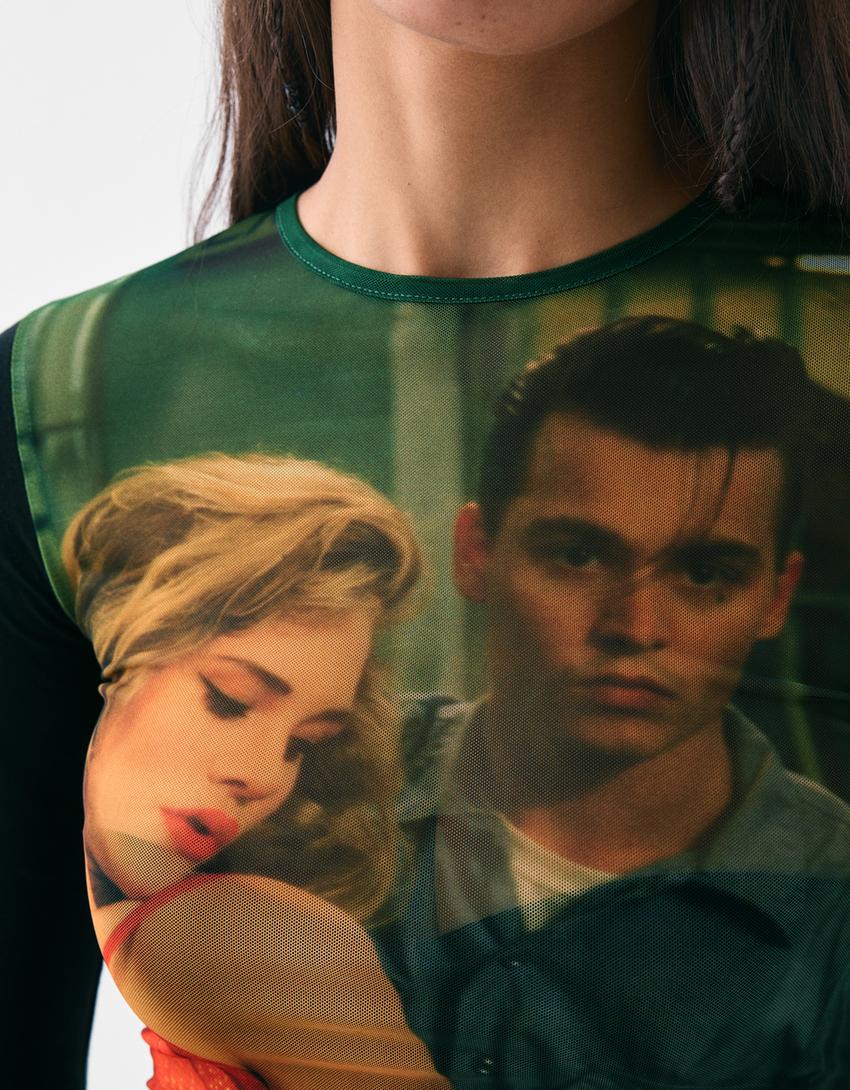 Long sleeve Cry-Baby print tulle T-shirt-Black-5