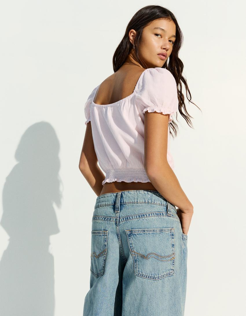 Balon kollu rustik bluz-Pembe