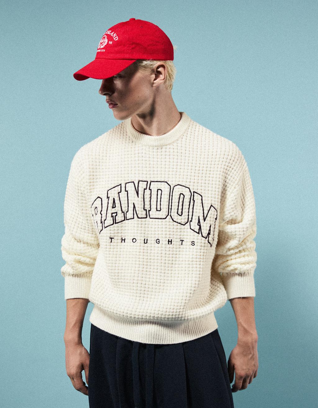 Embroidered waffle-knit round neck jumper