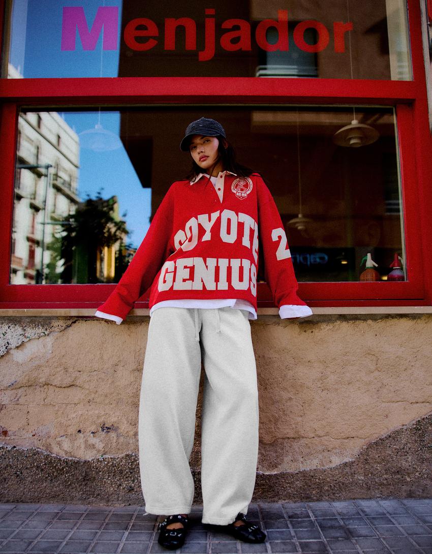 LOONEY TUNES baskılı oversize uzun kollu polo-Kırmızı