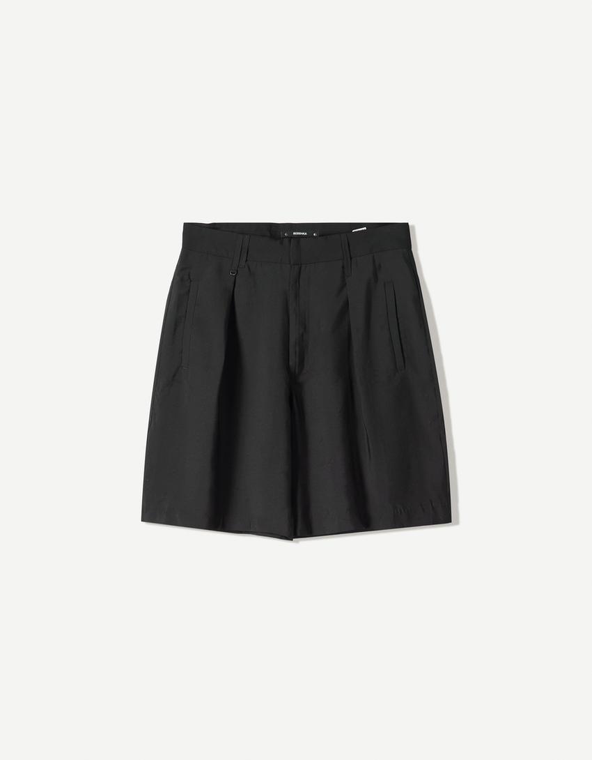 Wide-leg pleated Bermuda shorts-Dark grey-3