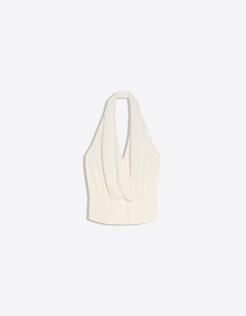 Crossover halter neck top-Cream