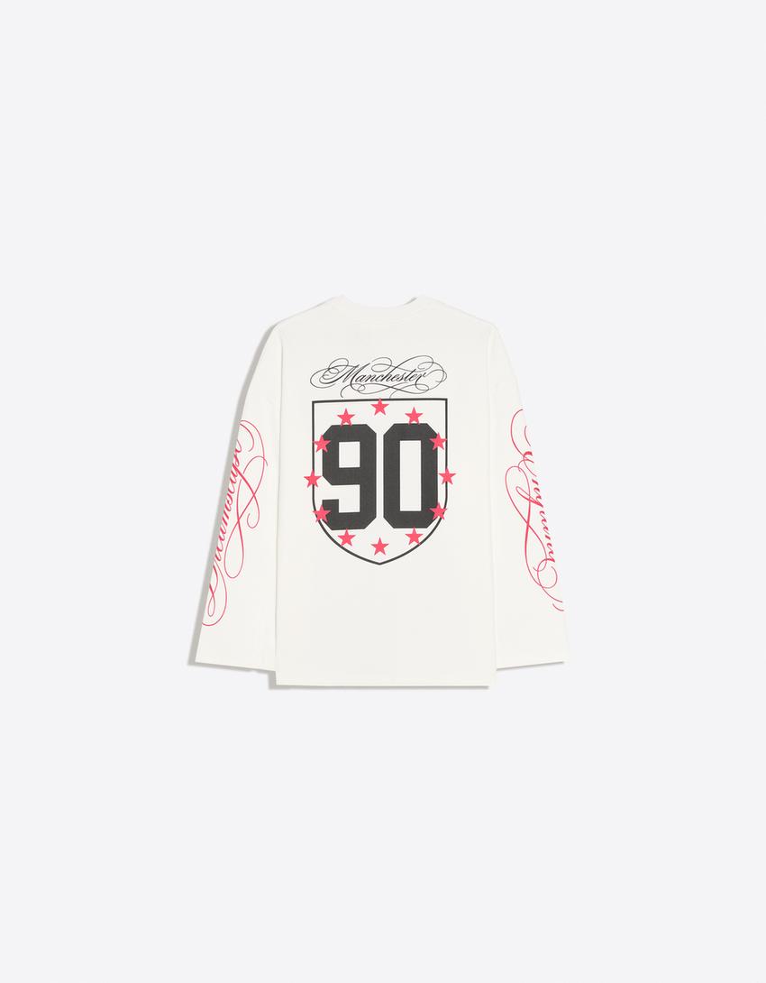 Baskılı bisiklet yaka sweatshirt-Kirli beyaz