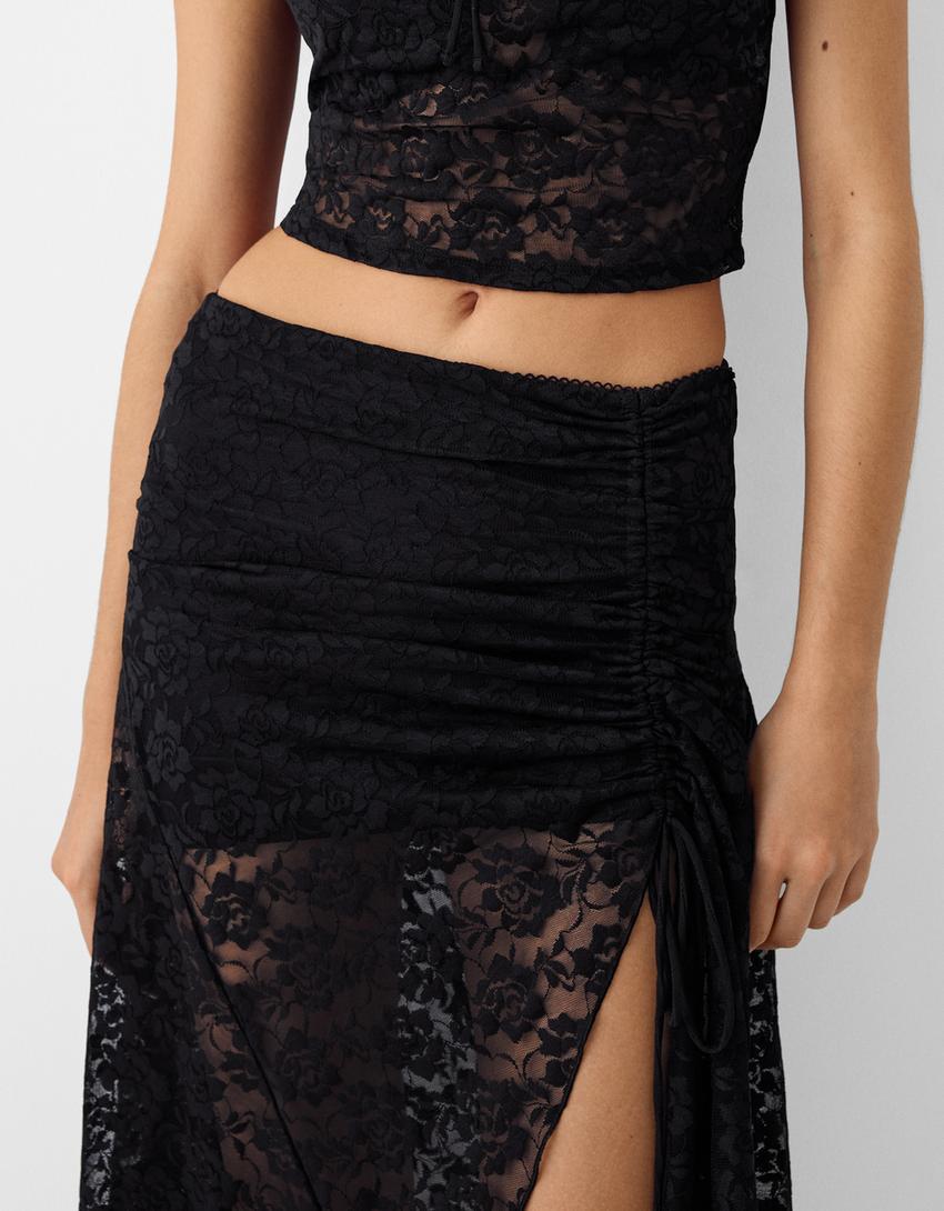 تنورة دانتيل متوسط الطول-أسود-5