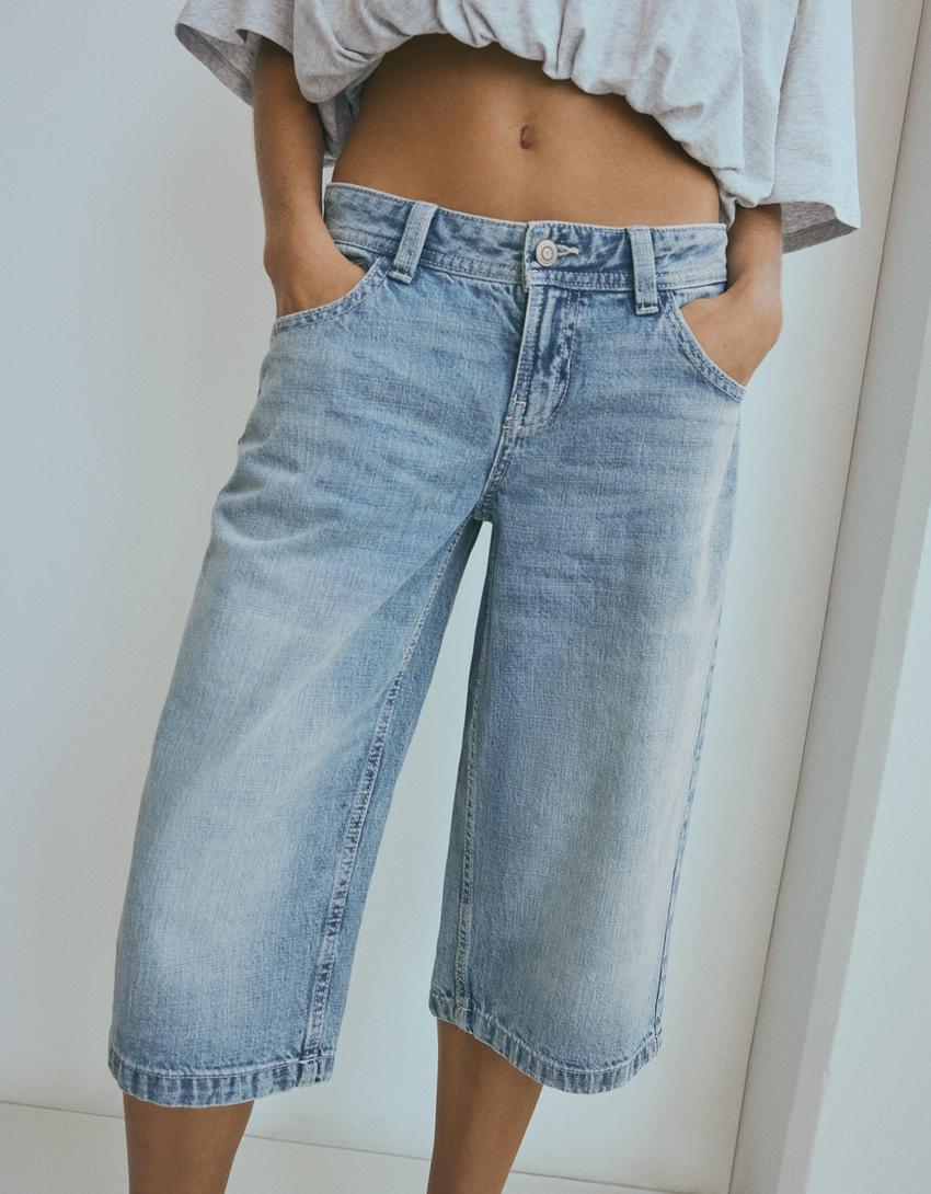 Straight denim bermuda-Gewassen blauw