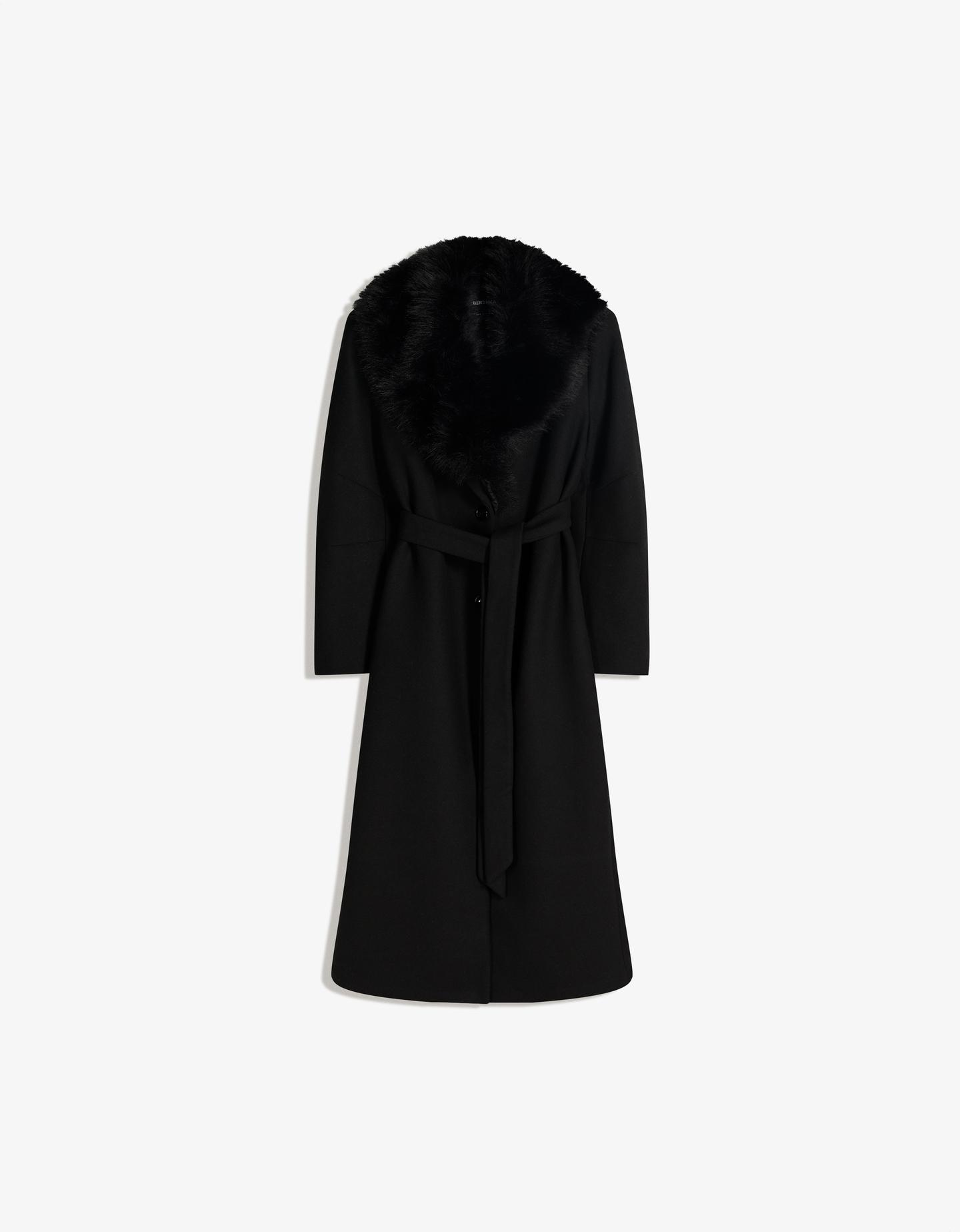 Bershka płaszcz z odpinanym kołnierzem z efektem futra czarny