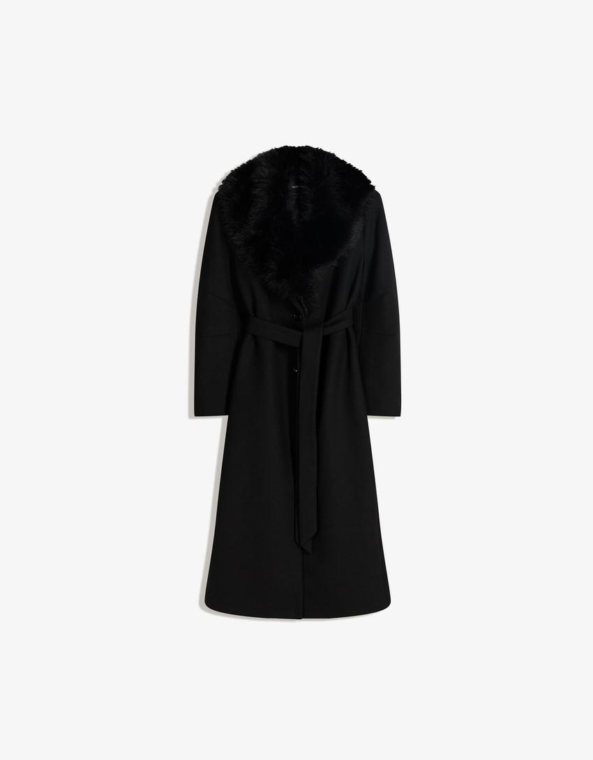 Coat with detachable faux fur collar-Black