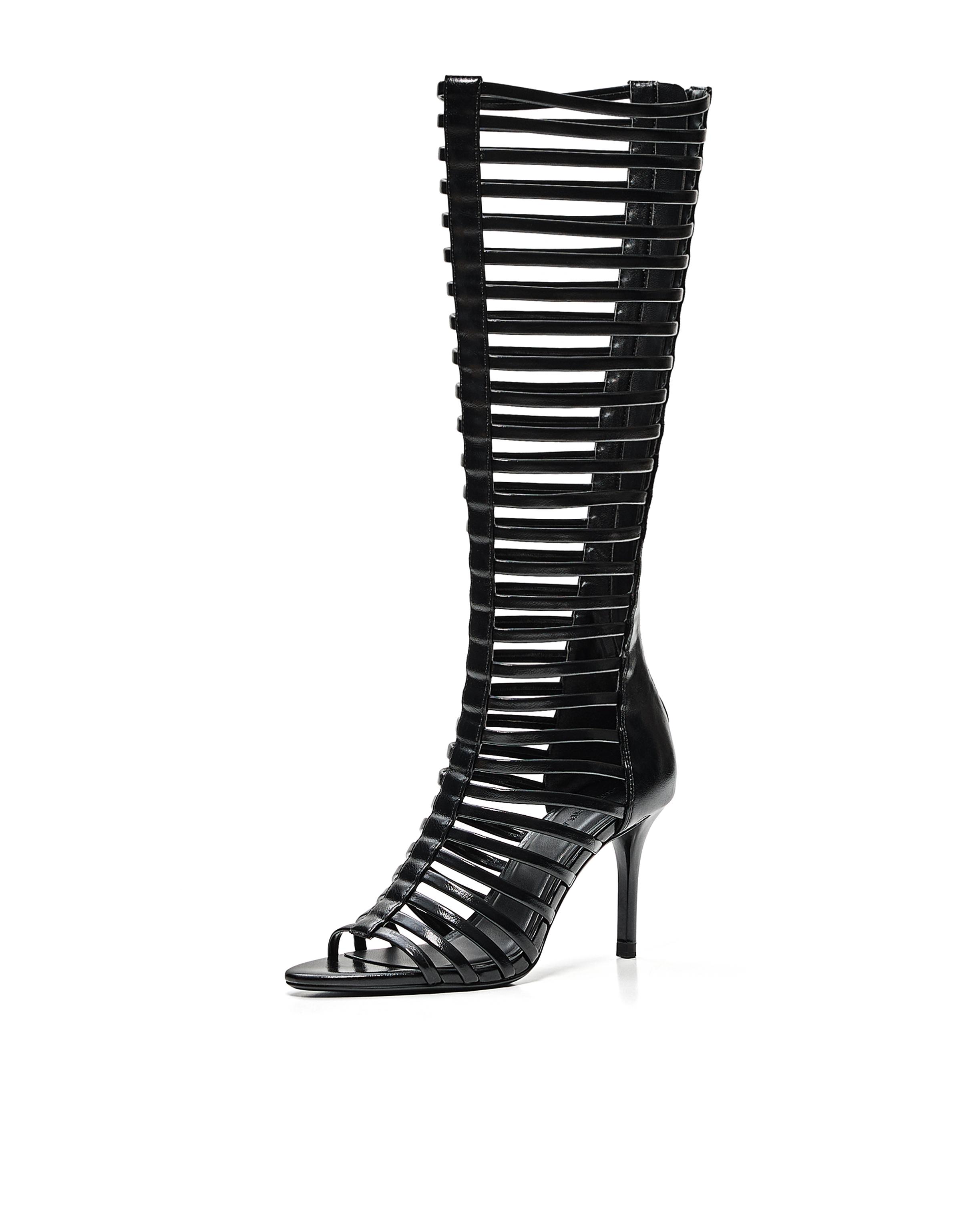 MULTI-STRAP HEELED BOOT SANDALS — BLACK