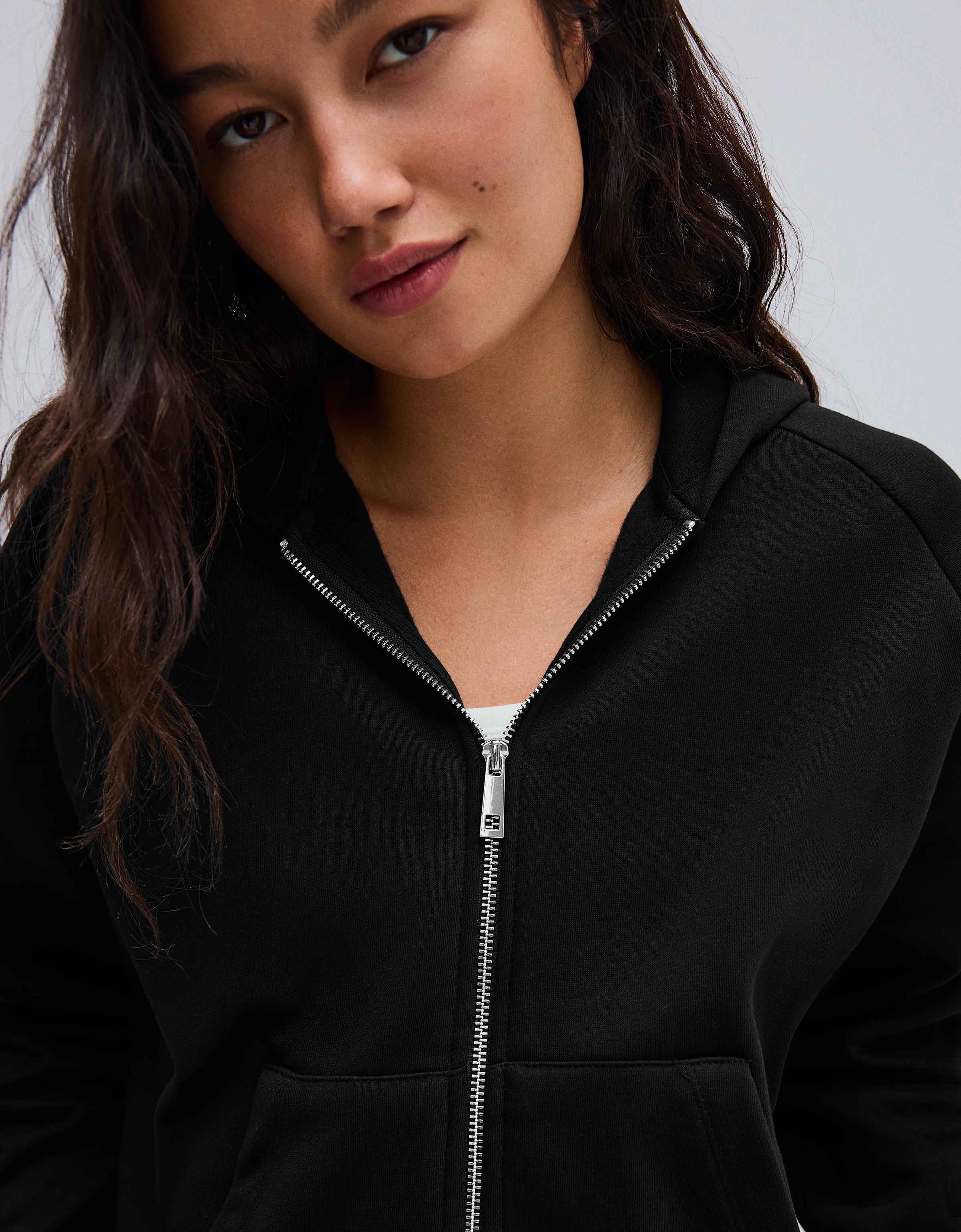 Zip-up plush hooded jacket — Black