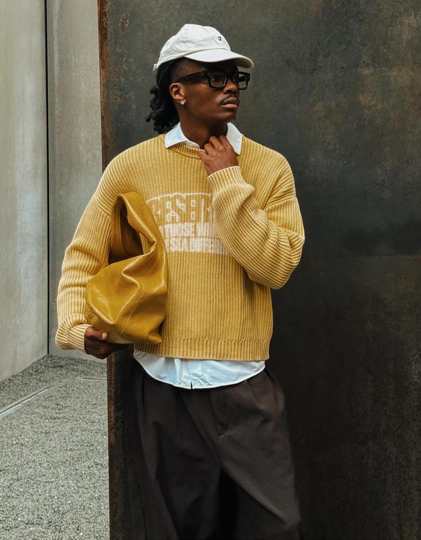 Pull col rond boxy imprimé-Jaune