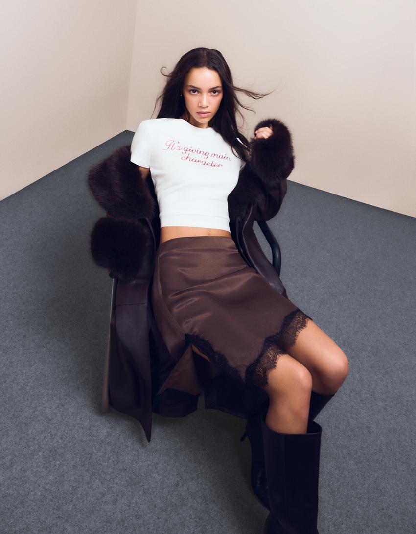 Minigonna in satin con pizzo-Marrone