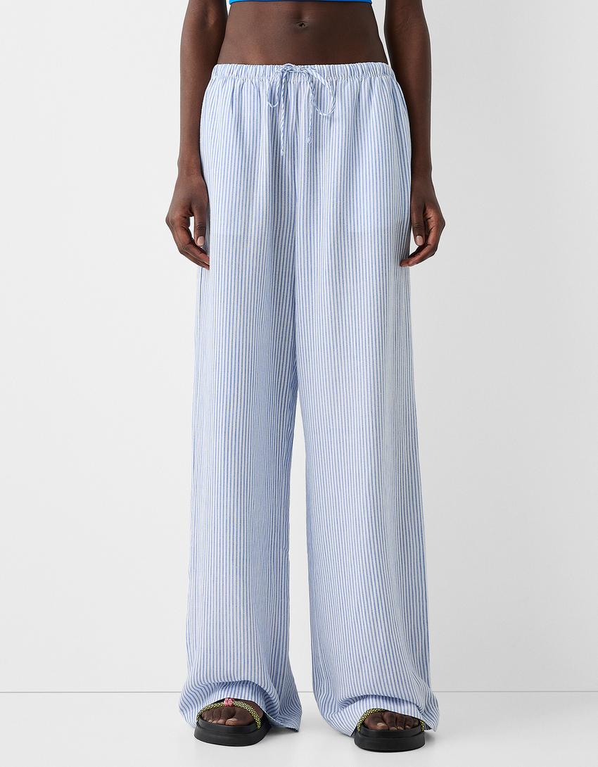 Elastik belli straight fit çizgili pantolon-Açık mavi-1