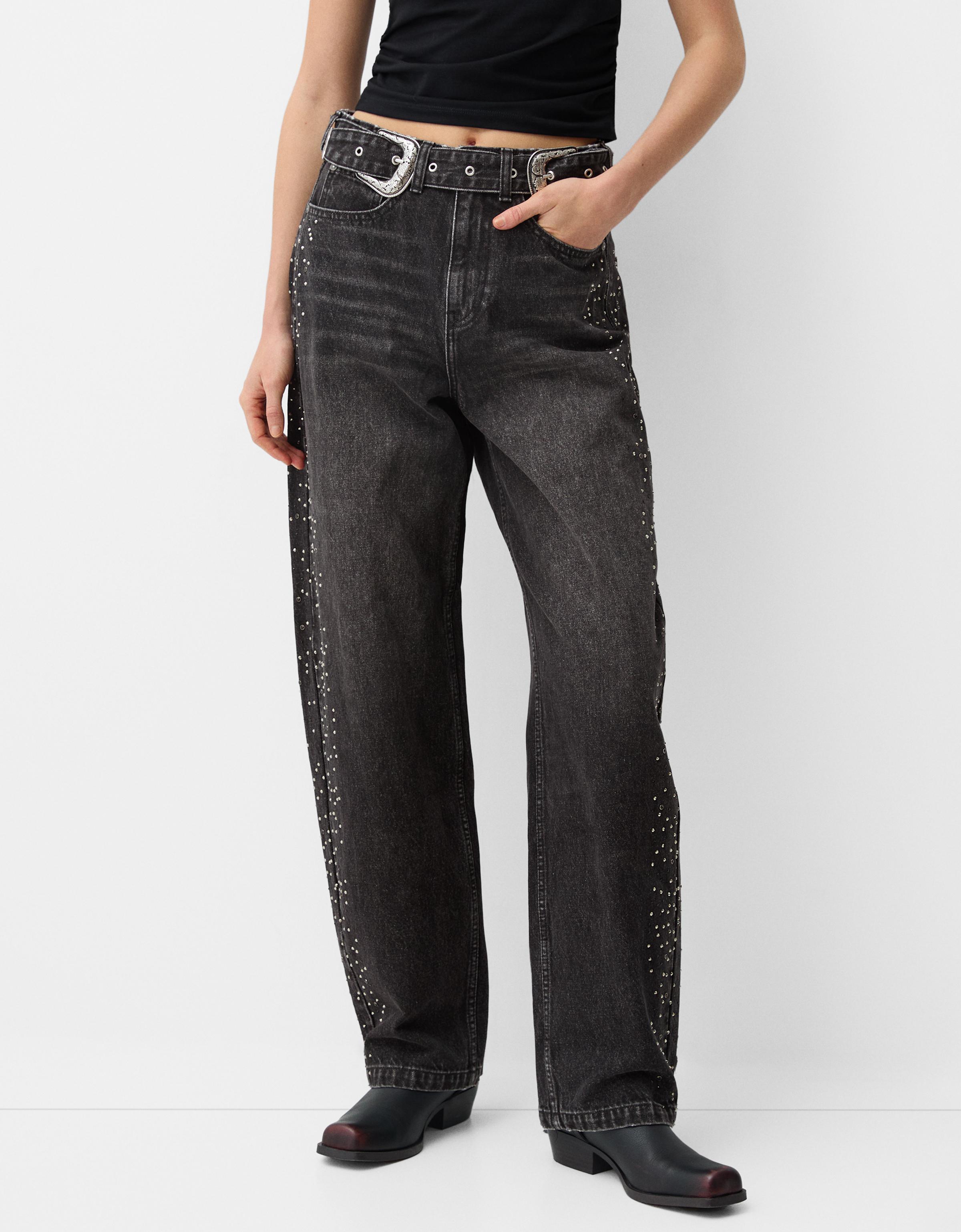 Bershka Balloon-Jeans Aus Denim Mit Nieten Und Gürtel Damen 32 Schwarz