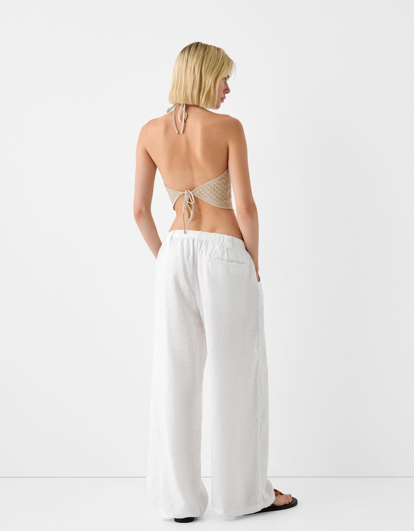 Wide leg keten karışımlı pantolon-Beyaz-2