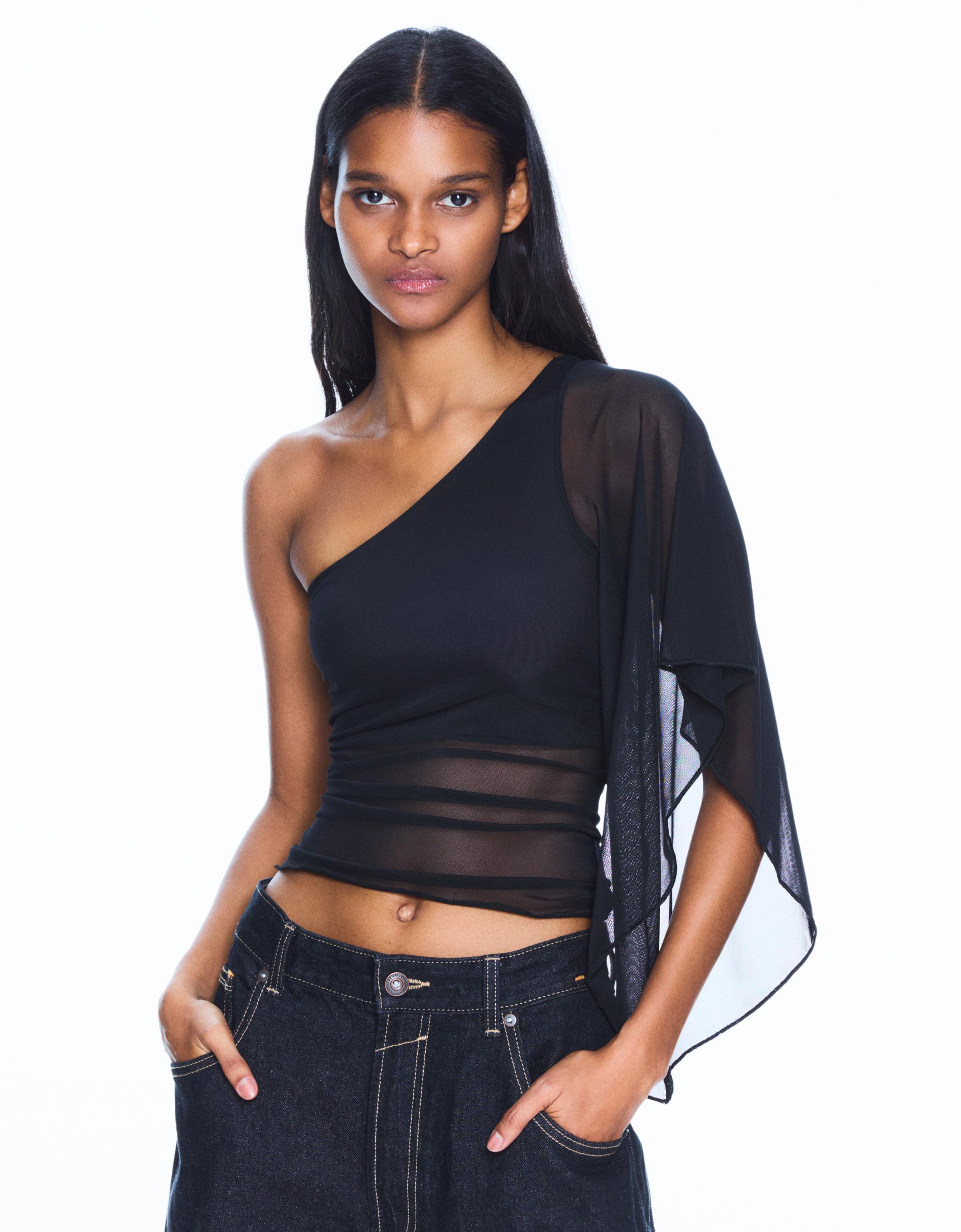 Bershka Asymmetrisches Tüll-Shirt Damen S Schwarz