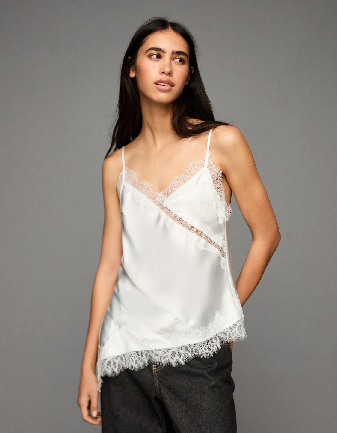 Asymmetric sateen strappy top