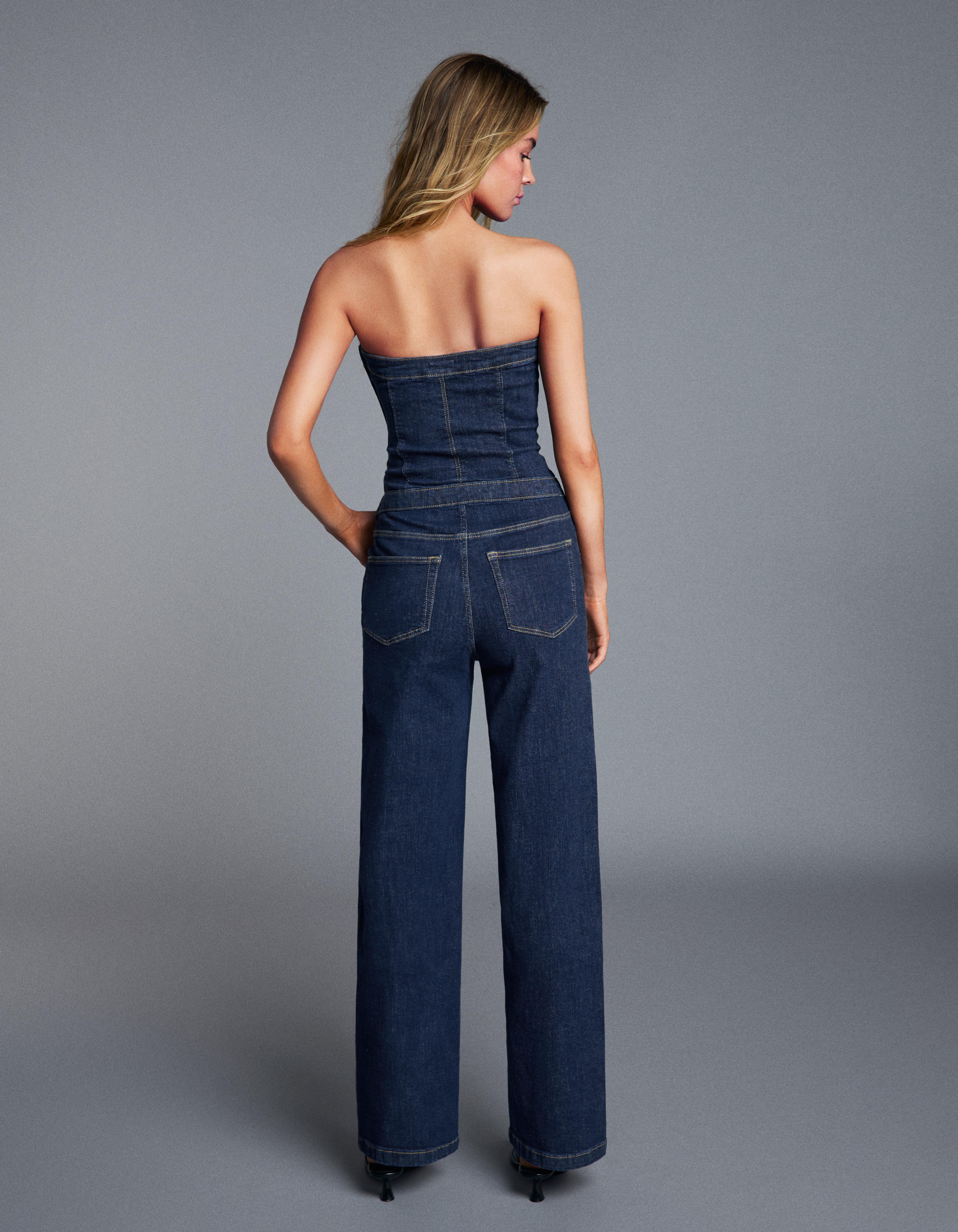 Long denim bandeau jumpsuit — Blue