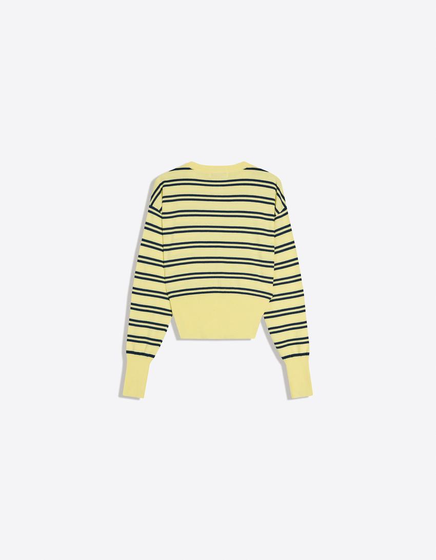 Striped crew neck button-up jacket-Yellow