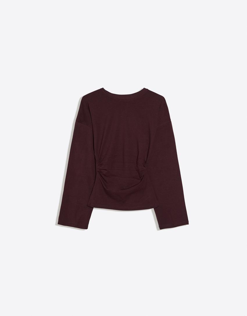 Ruched long sleeve T-shirt-Burgundy