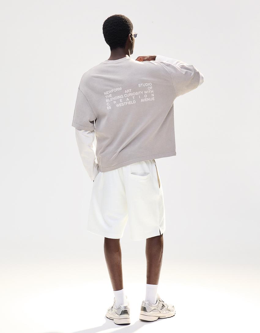 Sweatstof bermuda met textuur-Gebroken Wit