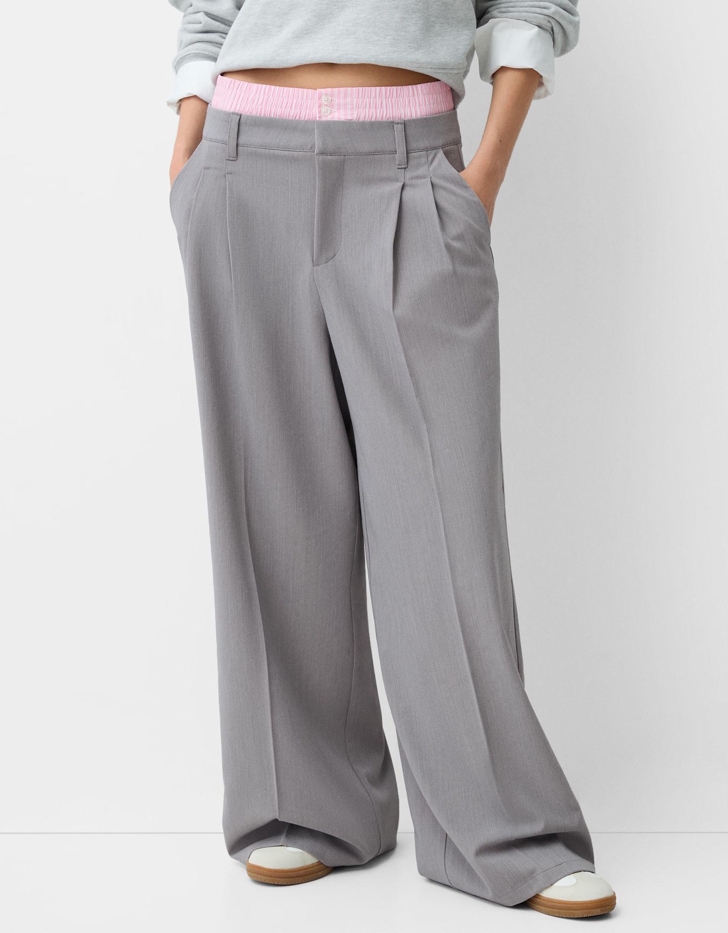 Bershka Pantaloni Tailored Fit Vita A Contrasto Donna 48 (Eu 44) Grigio