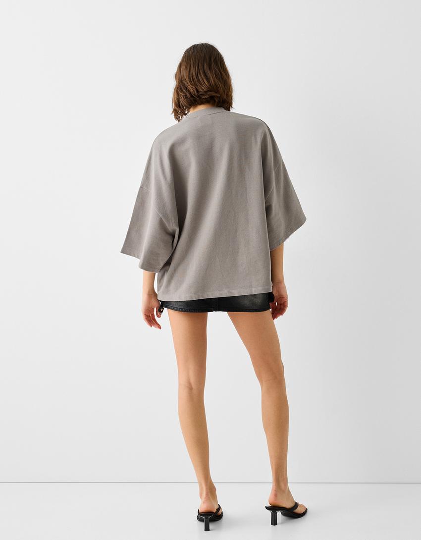 T-shirt manga curta cropped felpa-Cinza-1