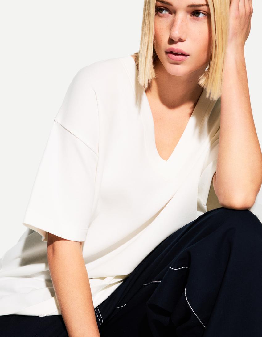 Heavy cotton short sleeve V-neck T-shirt-Off white-2