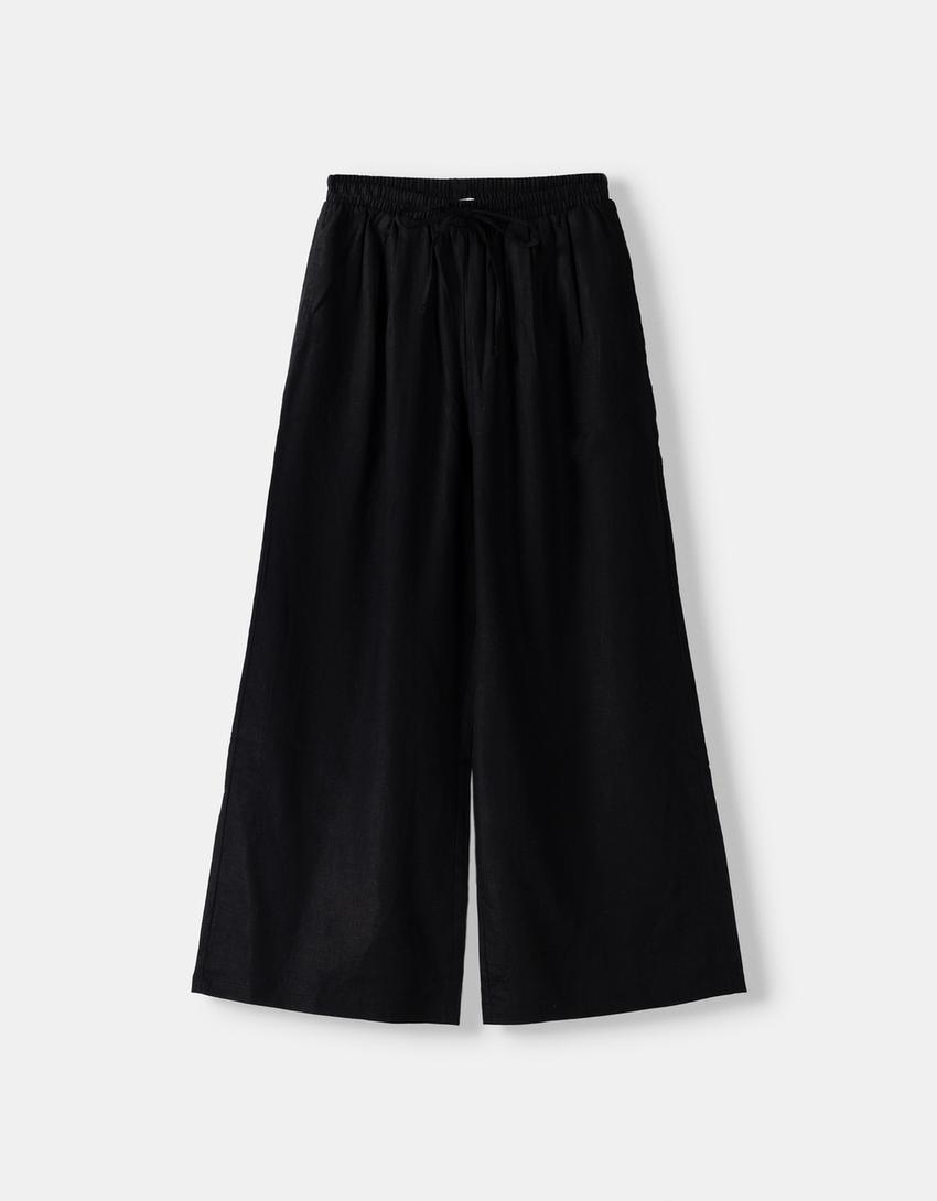 Culottes with linen and an elastic waist-Black-4
