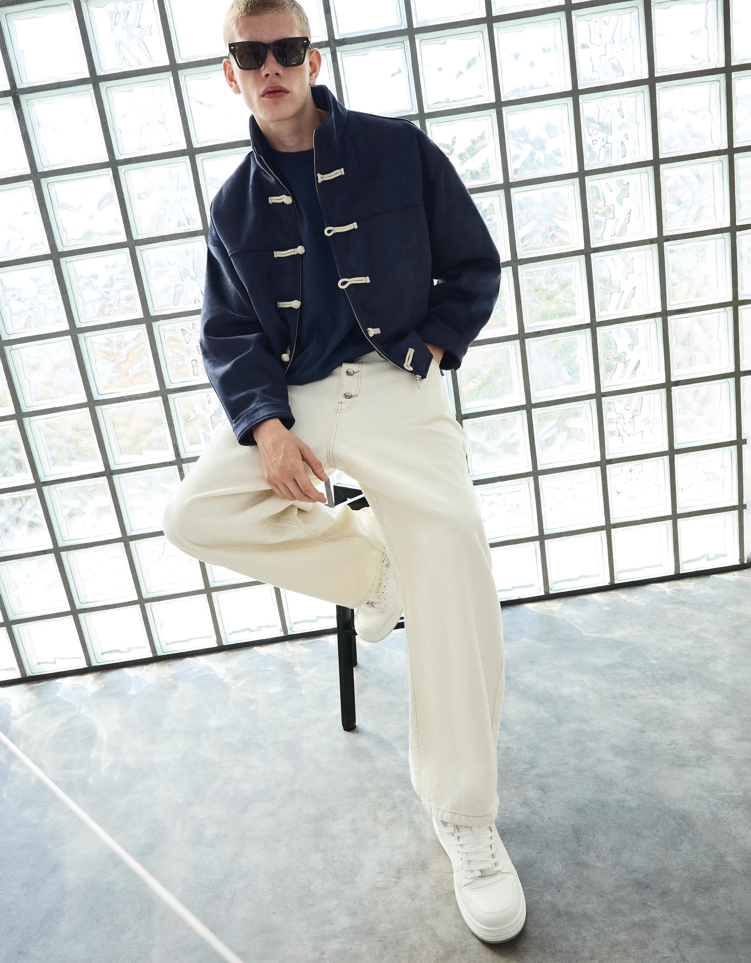 Faux suede clasp jacket — Dark blue