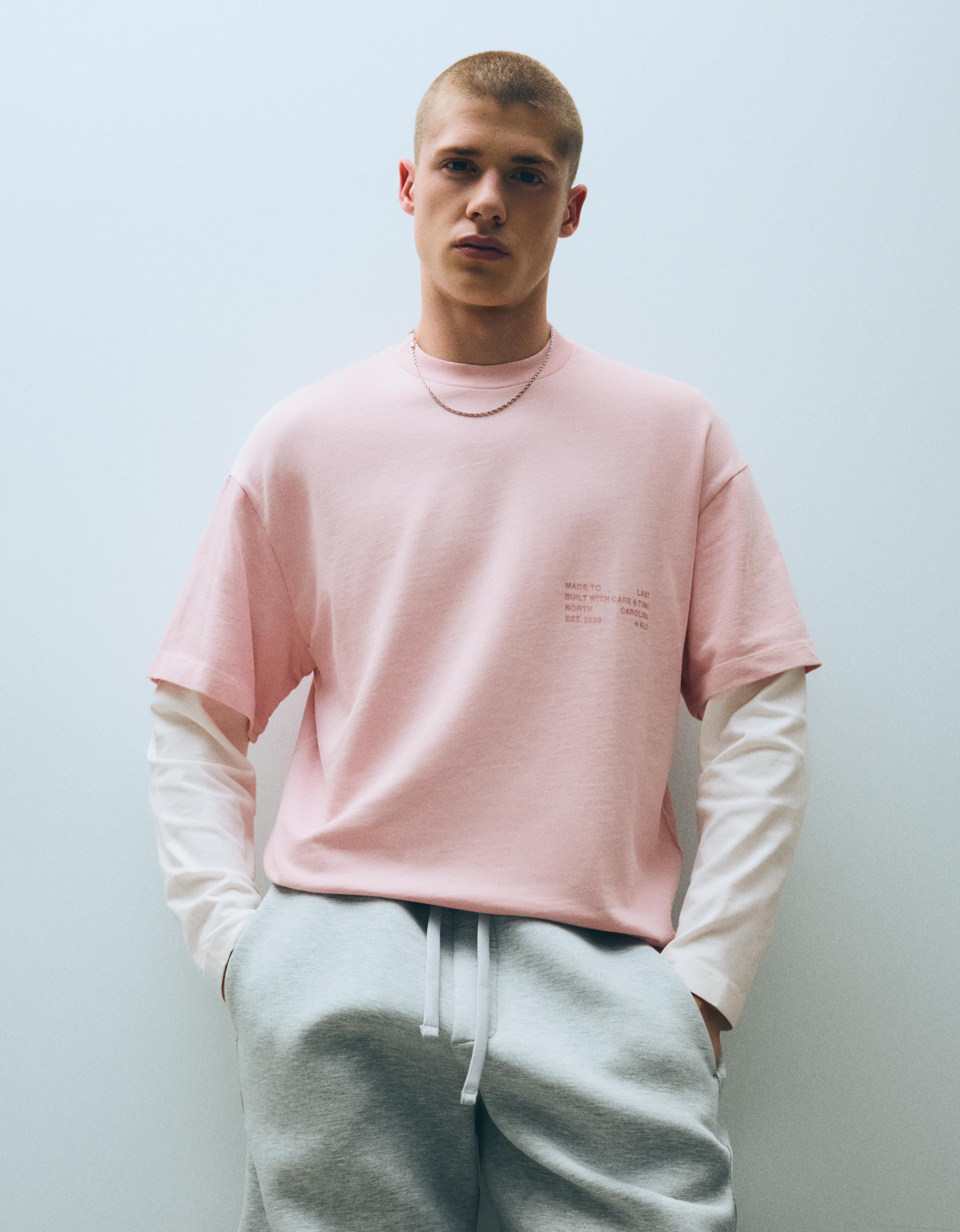 Bershka Camiseta Doble Manga Contraste Hombre Rosa