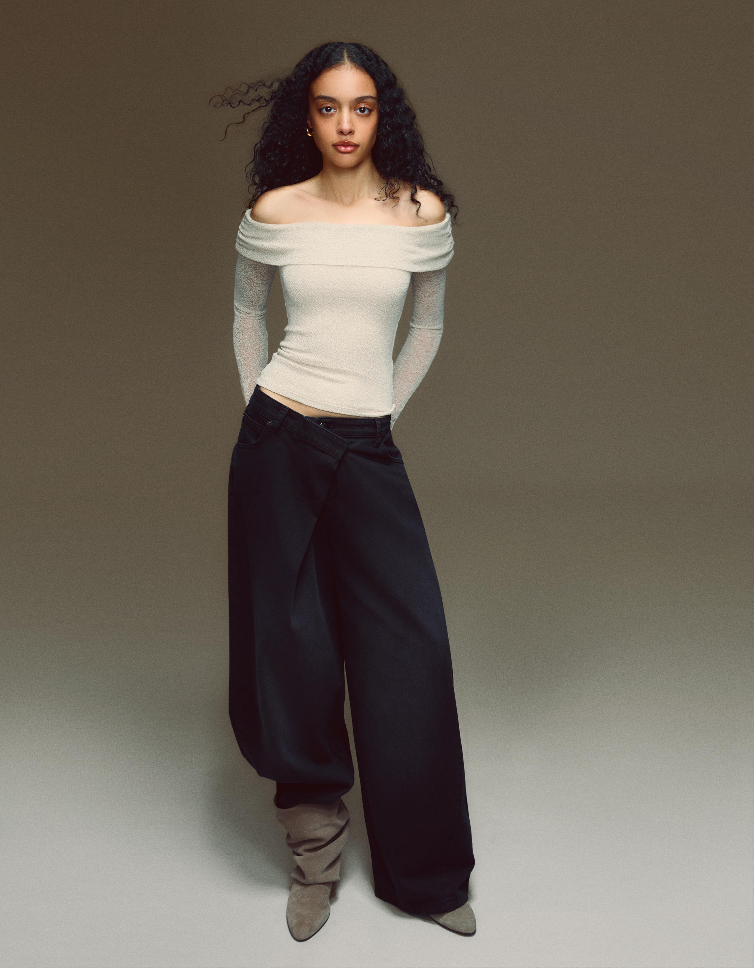 Işıltılı rustik bardot uzun kollu top - Görsel 22