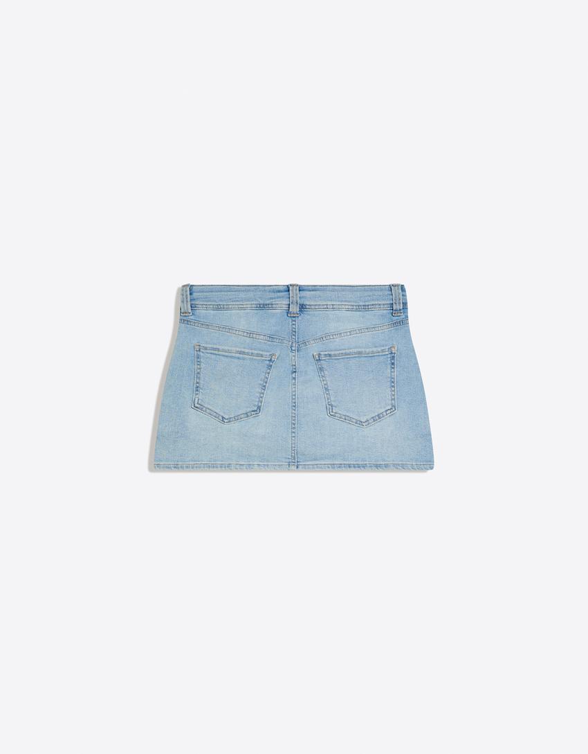 Falda pantalón denim mini elástico-Azul lavado