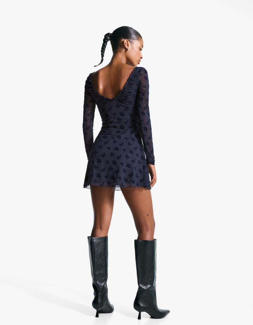 Long sleeve tulle mini dress-Navy