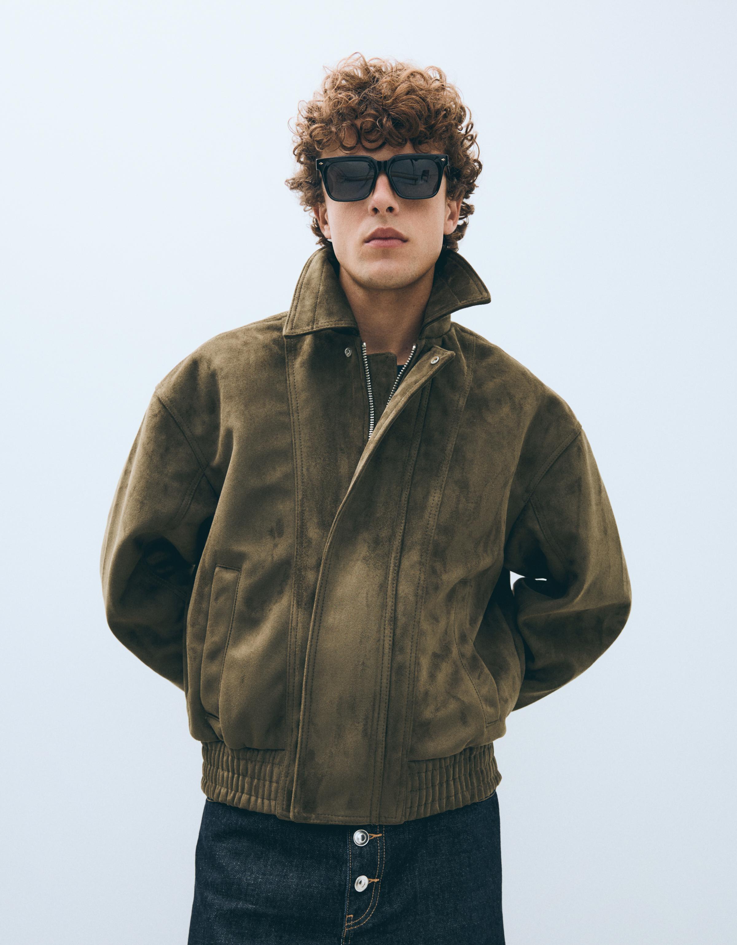 Bershka Cazadora Efecto Suede Hombre Kaki