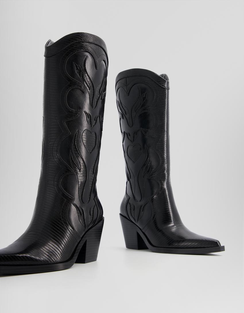 بوت برقبة للكاحل كاوبوي بكعب عال وتطريز متباين-أسود-5