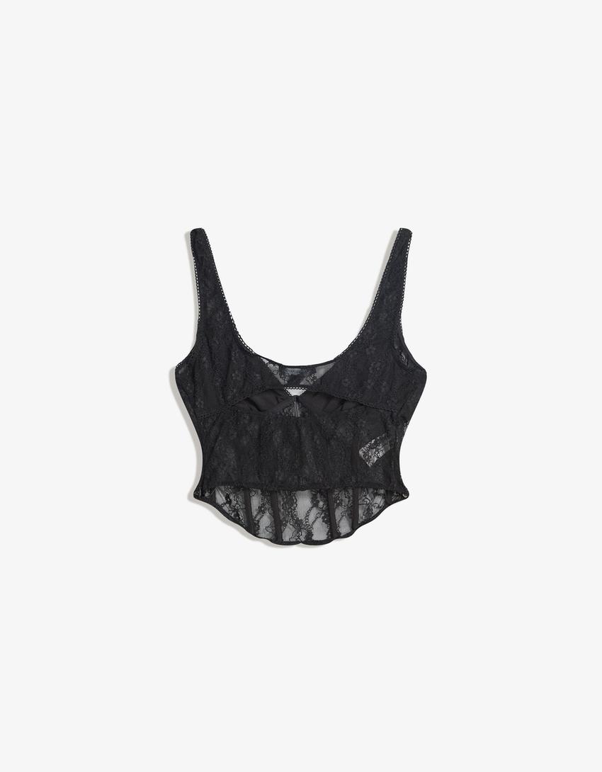 Lace top with straps-Black-4