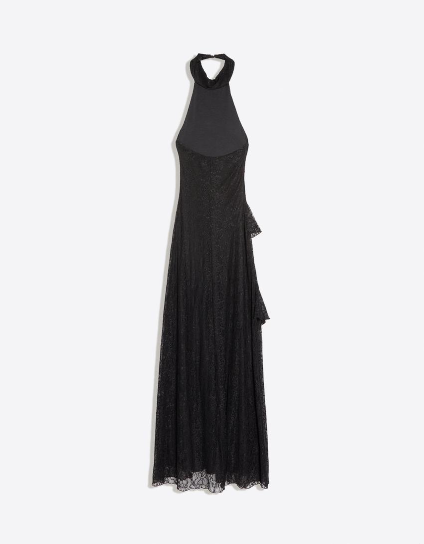 Lace halter midi dress-Black