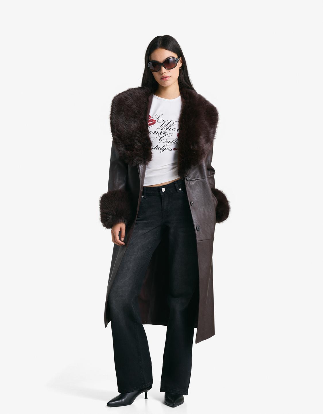 Leather effect coat with contrast faux fur