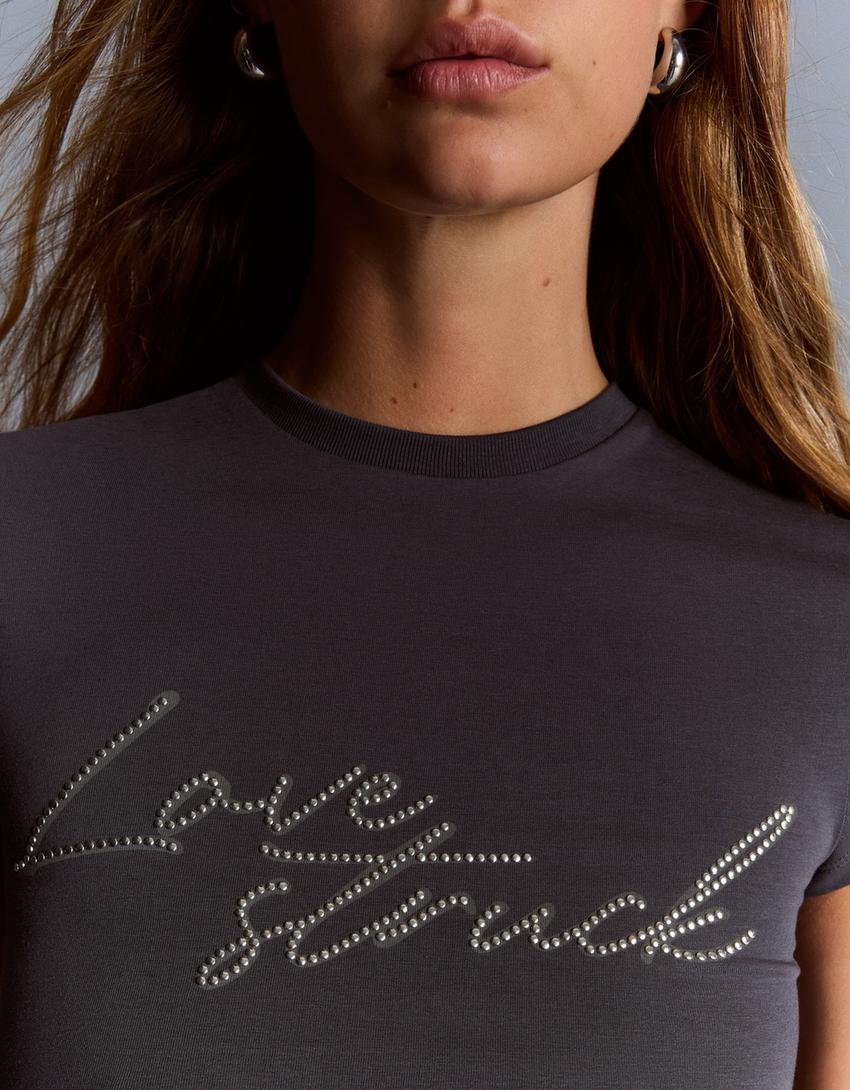 Short sleeve studded print T-shirt-Dark grey-1