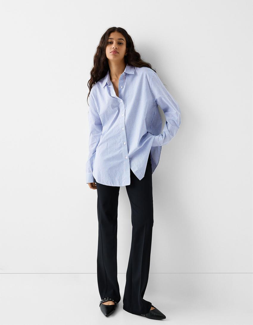 Striped long sleeve poplin shirt-Blue
