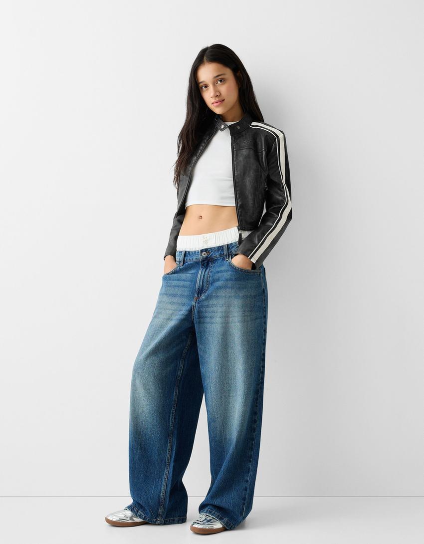 Faux leather jacket with side stripes-Black