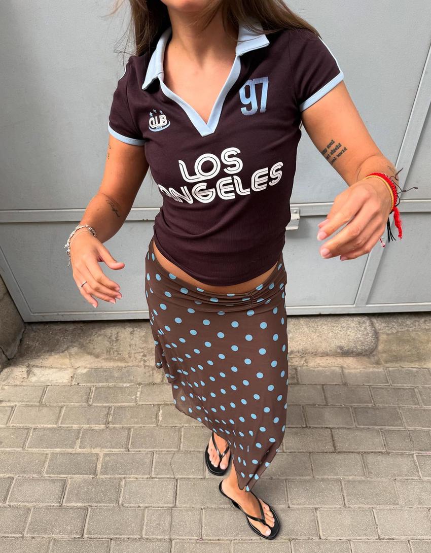 Asimetrik puantiye midi etek-Kahverengi